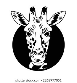 Vector illustration of the head of an giraffe, framed in a circular shape, in black and white and outlined.