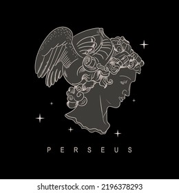 Vector illustration of the head of the god Perseus. A man in a helmet with wings.