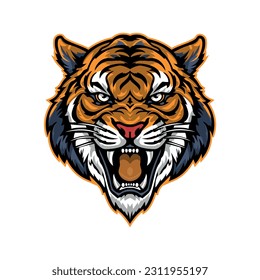 Vector illustration of head of growling tiger isolated on white background