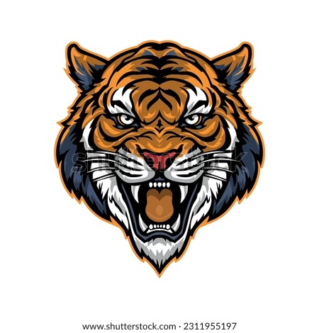 Vector illustration of head of growling tiger isolated on white background