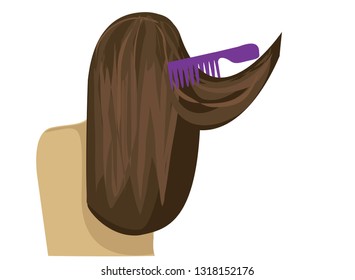 Vector illustration of head at hairdresser with purple comb from background with long beautiful straight hair isolated on white background