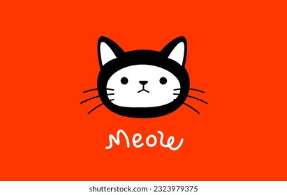 Vector illustration of head of happy animal cat character on red color background. Flat style design of black and white cute cat with moustache and word meow for web, banner, poster, print