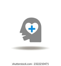 Vector illustration of head and heart with medical cross. Icon of mental health. Symbol of head disease treatment.