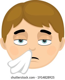 Ilustración vectorial de la cabeza de un niño, con una cara pálida y un pañuelo, concepto de estado de gripe