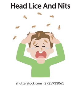 Ilustração vetorial de piolhos e lêndeas na cabeça mostrando prurido, irritação do couro cabeludo, vermelhidão, além de condições semelhantes como caspa, sarna e dermatite alérgica do menino triste