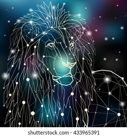 Vector illustration. The head of lion in outline low poly geometric style on the dark blue background with glowing light.