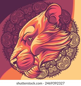 vector illustration of Head of Lioness and mandala