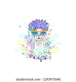 vector illustration with a head of a llama,  cute Alpaca with glasses, summer print on clothes isolated on white background