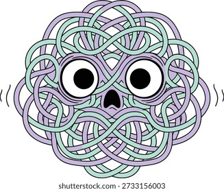 Vector illustration of a head made of tangled knots with wide staring eyes symbolizing anxiety stress confusion and overthinking for mental health awareness therapy and psychology content
