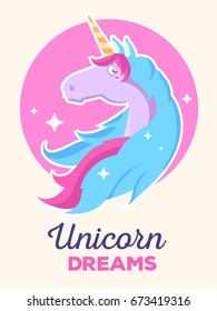 Vector illustration of head of magic beautiful unicorn with wind blue hair and horn on pink background with stars. Flat style cartoon design to make unicorn poster, invitation, greeting card, logotype