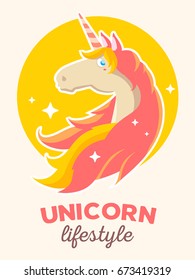 Vector illustration of head of magic stylish unicorn with wind hair and horn on yellow background with stars. Flat style cartoon design to make unicorn party poster, invitation, greeting card, logo