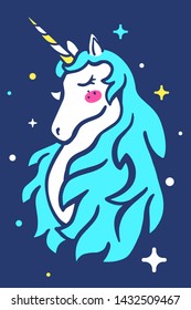 Vector illustration of head of magic unicorn with blue mane and close eyes on dark background with stars. Flat style design to make unicorn party poster, invitation, greeting card