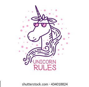 Vector illustration of head of magic unicorn in glasses with pink  text unicorn rules on white background with dots. Thin flat line art design to make unicorn party poster, invitation, greeting card