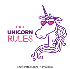 Vector illustration of head of magic unicorn in pink heart glasses with text unicorn rules on white background. Thin flat line art design to make unicorn party poster, invitation, greeting card