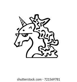 Vector illustration of head of magic unicorn in glasses. Unicorn for invitation card, ticket, branding,logo, label. Unicorn  for logotype hand drawn vector line illustration, kids book, greeting card.