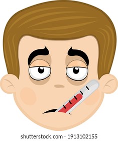 Vector illustration of the head of a man with his pale and sick face, with a thermometer in his mouth