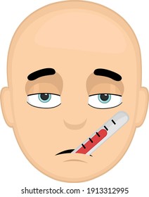 Vector illustration of the head of a man with his pale and sick face, with a thermometer in his mouth