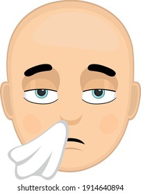 Ilustración vectorial de la cabeza de un hombre, con una cara pálida y un pañuelo, concepto de estado de gripe