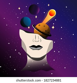 Ilustración vectorial, cabeza y planetas en el espacio