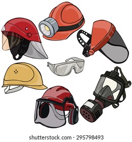 Vector illustration, head protection elements, cartoon concept, white background.