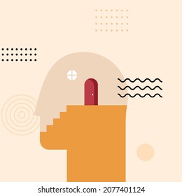 Vector Illustration of a head. Psychology head with door opening. Abstract Vector Illustration with staircase leading to door in head. Mental Health illustration. Mental Wellness Graphic Design. EPS10