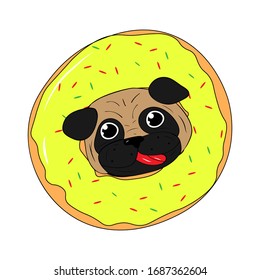 Vector illustration. 
Head of pug  looks in a donut isolated on a white background. comic style