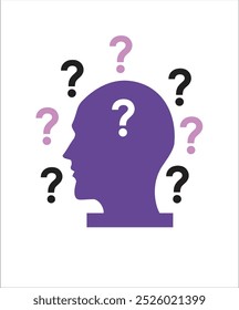 Vector illustration of a head and question marks, showing of over thinking, dementia, forgetfulness, ADHD