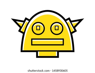 Vector illustration of the head of a robot, yellow color, in a graphic style very simple, to use like a logo, design element or similar thing. Cartoon style.