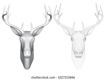 Vector illustration of a head of roe deer, front view. Two heads of deer with polygonal and reticulated 3D.