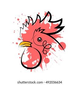 Vector illustration of head of rooster on white background. Chinese calendar for the year of the fiery red rooster. Rooster symbols. Logo company.