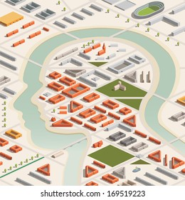 A vector illustration of a head shaped city in isometric format. Editable with objects logically layered. City features buildings, trees, church, stadium, etc./Isometric Head City