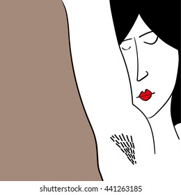 Vector illustration of the head and shoulders of a woman with her arm raised to show the hairs in her armpit, often used as a feminist protest about women shaving