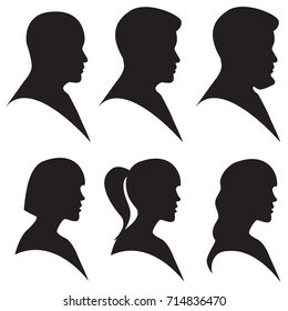Vector illustration. Head silhouette of man and woman in black color isolated on white. Side view profile, avatar