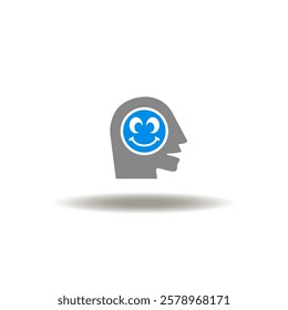 Vector illustration of head with smile face in brain. Symbol of positive attitude and approach. Icon of good mood.