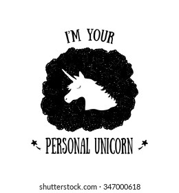 Vector illustration with a Head of Unicorn on a black texture. Design element for poster, t-shirt, greeting card.