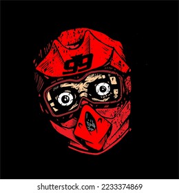 vector illustration of a head wearing a track or trail helmet with ornament