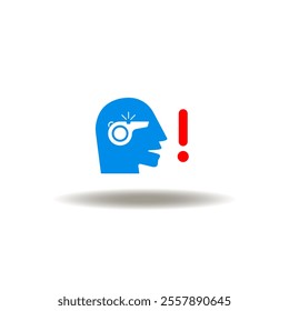 Vector illustration of head with whistle and exclamation mark. Icon of informant. Symbol of whistle blower. Sign of referee.