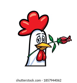 Vector illustration of the head of a white chicken  with red crest in a cartoon style. The character is smiling and holding a red rose with the beak.