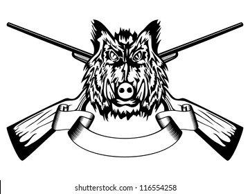 Vector  illustration head wild boar and crossed guns