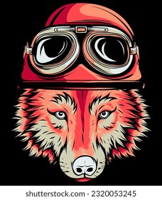ilustración vectorial del lobo de cabeza con casco sobre fondo negro