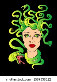 vector illustration of the head of a woman girl with snakes,jellyfish gorgon mythical creature,arrogant expression of evil face 