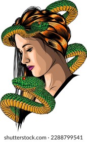 ilustración vectorial de la mujer cabeza con serpiente sobre fondo blanco