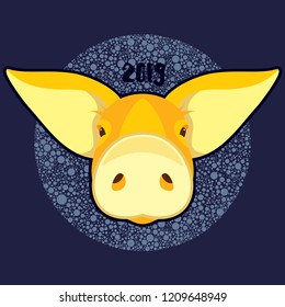 Vector illustration head of yellow pig on a deep blue background with light bubbles for new year 2019 card or calendar