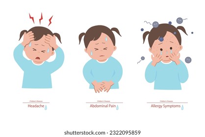 Vector illustration of headache, abdominal pain and allergy symptoms in a child