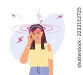 Vector illustration of headache. Cartoon scene with a girl with pain in the head and points of pain on white background.