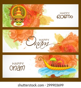 Vector illustration of header Happy Onam decoration with rangoli.colourful Kathakali face with heavy crown decorated with pearls and stone on grungy colourful background for Onam celebration.