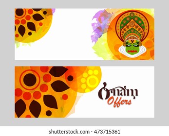 Vector illustration of header for Happy Onam festival decoration with grung, rangoli & colourful Kathakali face with heavy crown