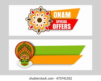 Vector illustration of header for Happy Onam festival decoration with grung, rangoli & colourful Kathakali face with heavy crown