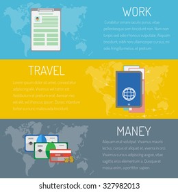 Vector illustration header work and travel, maney and practice, set