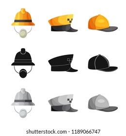 Vector illustration of headgear and cap icon. Set of headgear and accessory vector icon for stock.